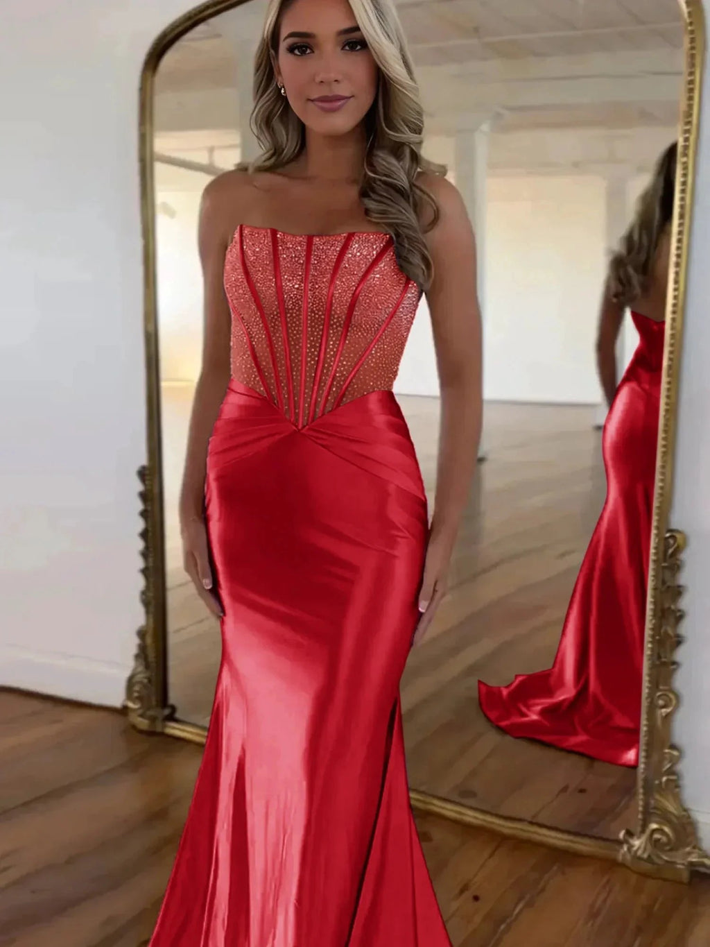 Serin | Purple Strapless Mermaid Satin Long Prom Dress With Beading by KissProm