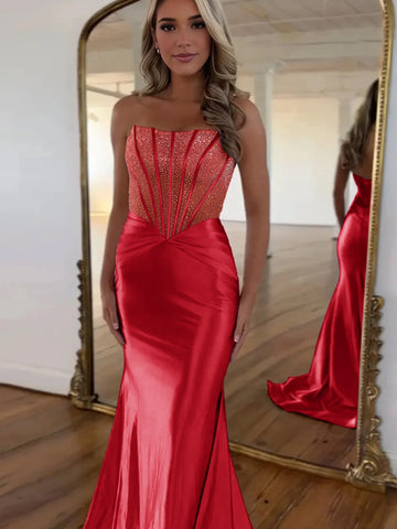 Serin | Lila trägerloses Meerjungfrau-Ballkleid aus Satin mit Perlen