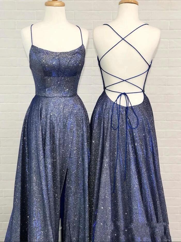Sexy A-line Bright Silk Open Back Long Prom Dress with Slit by BIZTUNNEL