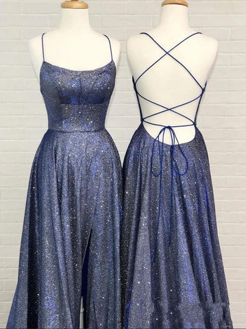 Vestido de fiesta largo sexy de seda brillante con espalda abierta y abertura en la espalda