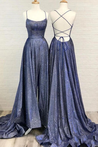 Vestido de fiesta largo sexy de seda brillante con espalda abierta y abertura en la espalda
