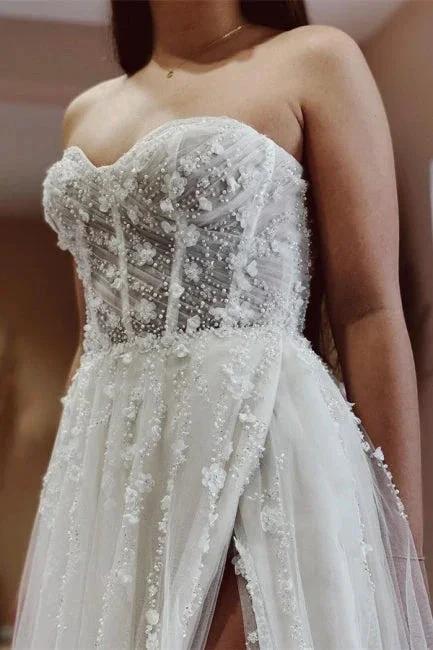 Sexy A-line Long Glitter Lace Sleeveless Wedding Dresses With Slit by misshow.com