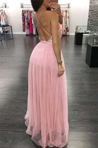 Sexy A-Linie V-Ausschnitt Rückenfreies langes Ballkleid mit Schlitz