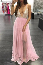 Sexy A-line V-neck Backless Long Prom Dress with Slit by BIZTUNNEL
