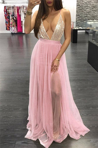 Sexy A-Linie V-Ausschnitt Rückenfreies langes Ballkleid mit Schlitz