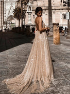 Sexy A Line V Neck Backless Long Sparkling Formal Prom Dresses by BIZTUNNEL