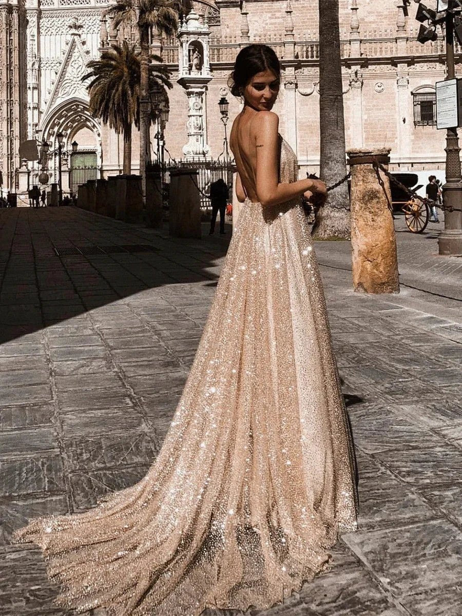 Sexy A Line V Neck Backless Long Sparkling Formal Prom Dresses by BIZTUNNEL