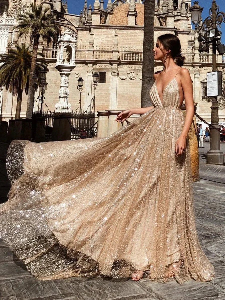 Sexy A Line V Neck Backless Long Sparkling Formal Prom Dresses by BIZTUNNEL