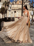 Sexy A Line V Neck Backless Long Sparkling Formal Prom Dresses by BIZTUNNEL