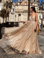 Sexy A Line V Neck Backless Long Sparkling Formal Prom Dresses by BIZTUNNEL