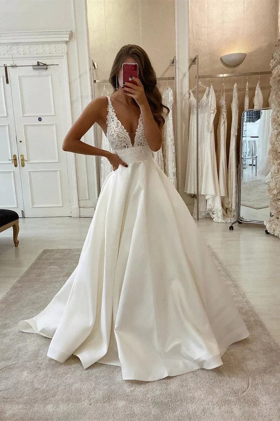 Sexy A-line V-neck Straps Lace Sleeveless Wedding Dress by misshow.com