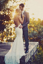 Vestidos de Noiva de Praia com Renda, Cauda de Sereia, Sexy e Sem Costas WD211