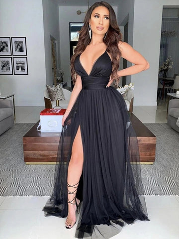 Vestidos de fiesta formales de tul con escote en V, largos y sexys, negros, con abertura
