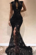 Sexy Black Long Mermaid High Neck Keyhole Lace Prom Dress With Slit by BIZTUNNEL