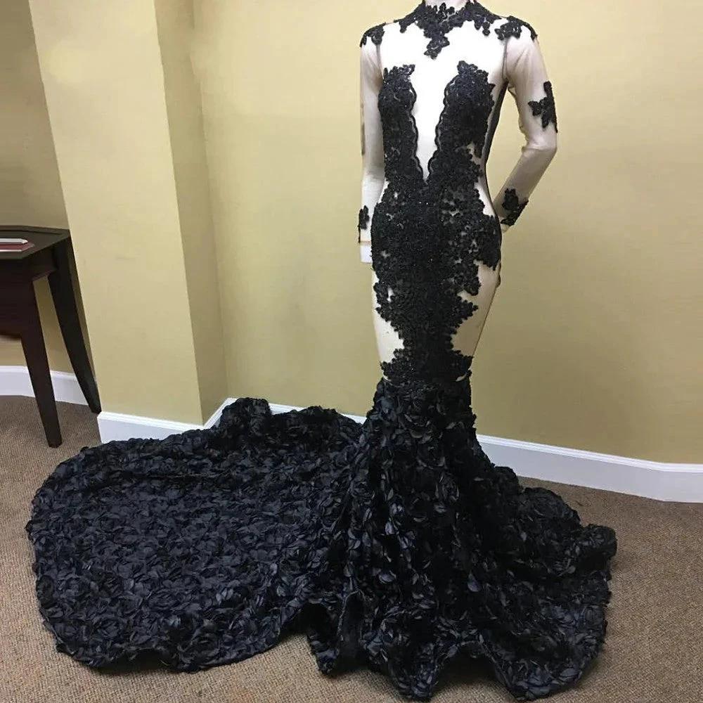 Sexy Black Long Sleeve Prom Dress Lace Evening Gown With Flowers Bottom by misshow.com