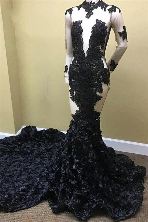 Sexy Black Long Sleeve Prom Dress Lace Evening Gown With Flowers Bottom by misshow.com