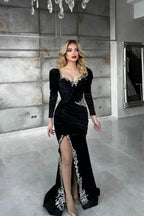 Sexy Black Sequined Column Appliques Long Sleeves Split Front Floor-length Prom Dresses by misshow.com