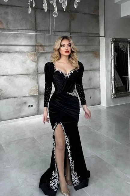 Sexy Black Sequined Column Appliques Long Sleeves Split Front Floor-length Prom Dresses by misshow.com