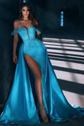 Sexy Blue Off-the-shoulder Sleeveless Mermaid Elastic Woven Satin Prom Dresses with Beading by misshow.com