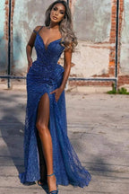 Sexy Blue V-neck Off-the-shoulder Sequined Prom Dress With Slit by misshow.com