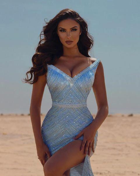Sexy Blue V-neck Sequined Mermaid Prom Dress With Slit by misshow.com