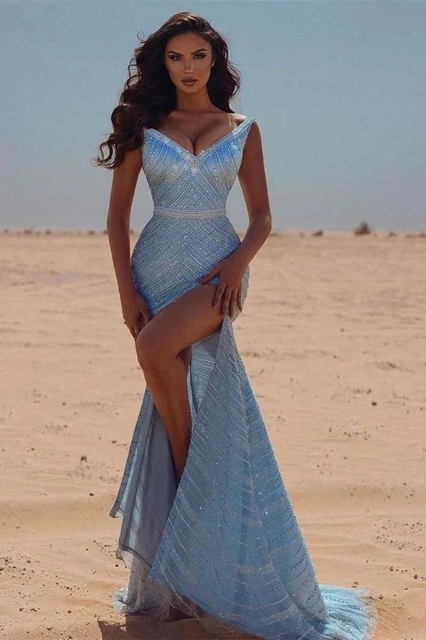 Sexy Blue V-neck Sequined Mermaid Prom Dress With Slit by misshow.com