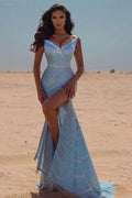 Sexy Blue V-neck Sequined Mermaid Prom Dress With Slit by misshow.com