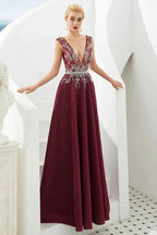 Sexy Deep V-Neck aline Evening Dress Sleeveless Crystals Floor Length Prom Dress quincenera Dress by misshow.com