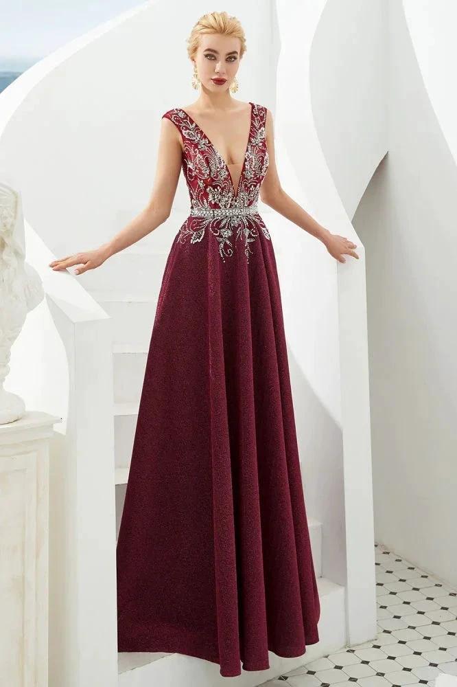 Sexy Deep V-Neck aline Evening Dress Sleeveless Crystals Floor Length Prom Dress quincenera Dress by misshow.com