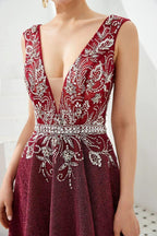 Sexy Deep V-Neck aline Evening Dress Sleeveless Crystals Floor Length Prom Dress quincenera Dress by misshow.com