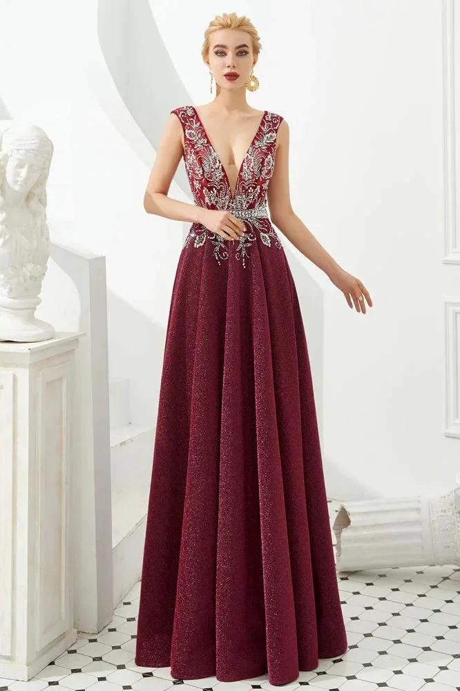 Sexy Deep V-Neck aline Evening Dress Sleeveless Crystals Floor Length Prom Dress quincenera Dress by misshow.com