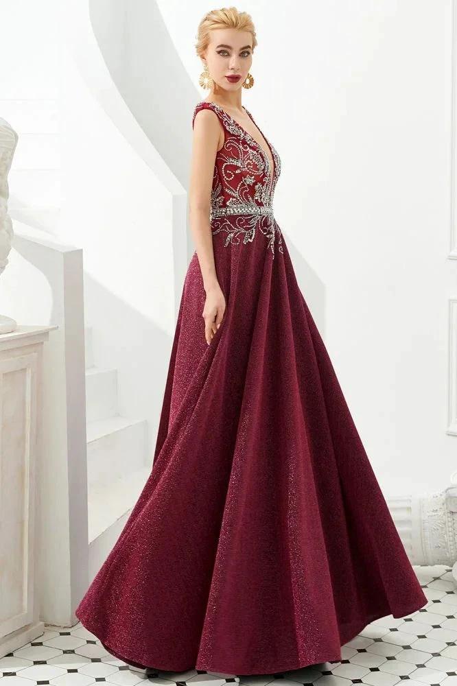 Sexy Deep V-Neck aline Evening Dress Sleeveless Crystals Floor Length Prom Dress quincenera Dress by misshow.com