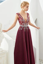 Sexy Deep V-Neck aline Evening Dress Sleeveless Crystals Floor Length Prom Dress quincenera Dress by misshow.com