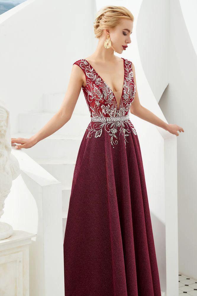 Sexy Deep V-Neck aline Evening Dress Sleeveless Crystals Floor Length Prom Dress quincenera Dress by misshow.com