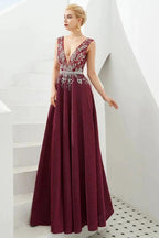Sexy Deep V-Neck aline Evening Dress Sleeveless Crystals Floor Length Prom Dress quincenera Dress by misshow.com