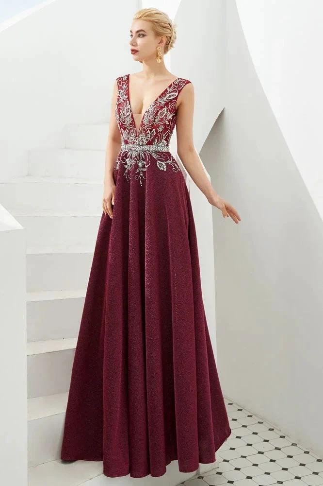 Sexy Deep V-Neck aline Evening Dress Sleeveless Crystals Floor Length Prom Dress quincenera Dress by misshow.com