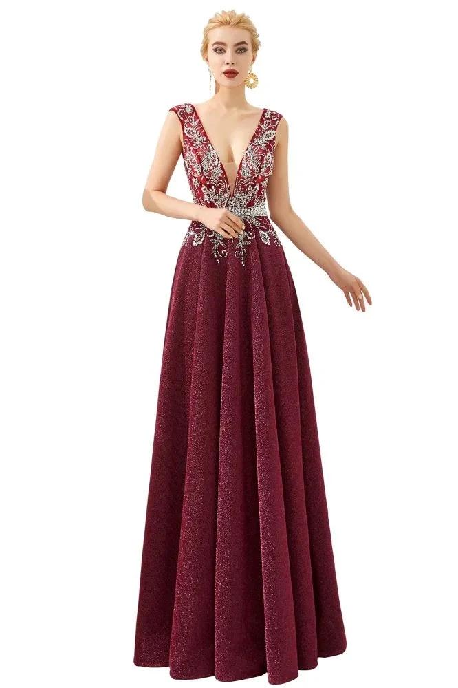 Sexy Deep V-Neck aline Evening Dress Sleeveless Crystals Floor Length Prom Dress quincenera Dress by misshow.com