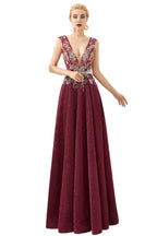 Sexy Deep V-Neck aline Evening Dress Sleeveless Crystals Floor Length Prom Dress quincenera Dress by misshow.com