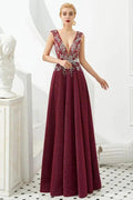 Sexy Deep V-Neck aline Evening Dress Sleeveless Crystals Floor Length Prom Dress quincenera Dress by misshow.com