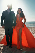 Sexy Deep V-Neck Crystals Satin Mermaid Prom Dress with Sweep Train Side Slit by misshow.com