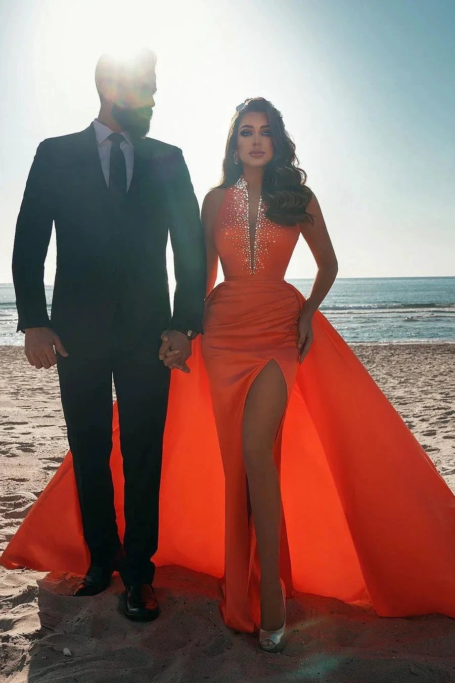 Sexy Deep V-Neck Crystals Satin Mermaid Prom Dress with Sweep Train Side Slit by misshow.com