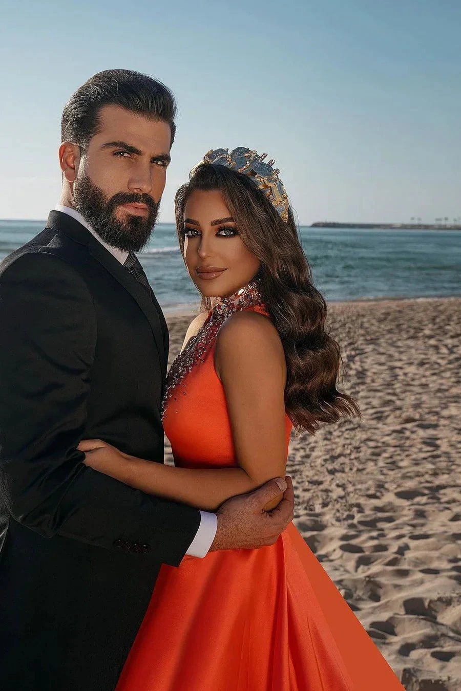 Sexy Deep V-Neck Crystals Satin Mermaid Prom Dress with Sweep Train Side Slit by misshow.com