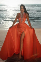 Sexy Deep V-Neck Crystals Satin Mermaid Prom Dress with Sweep Train Side Slit by misshow.com
