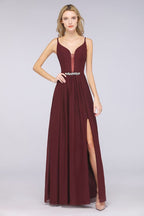 Sexy Double Deep V-Neck Ruffles Sleeveless Bridesmaid Dress Chiffon Side Split Evening Party Dress