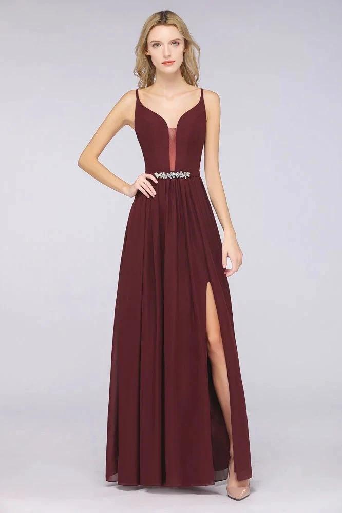 Sexy Double Deep V-Neck Ruffles Sleeveless Bridesmaid Dress Chiffon Side Split Evening Party Dress by misshow.com