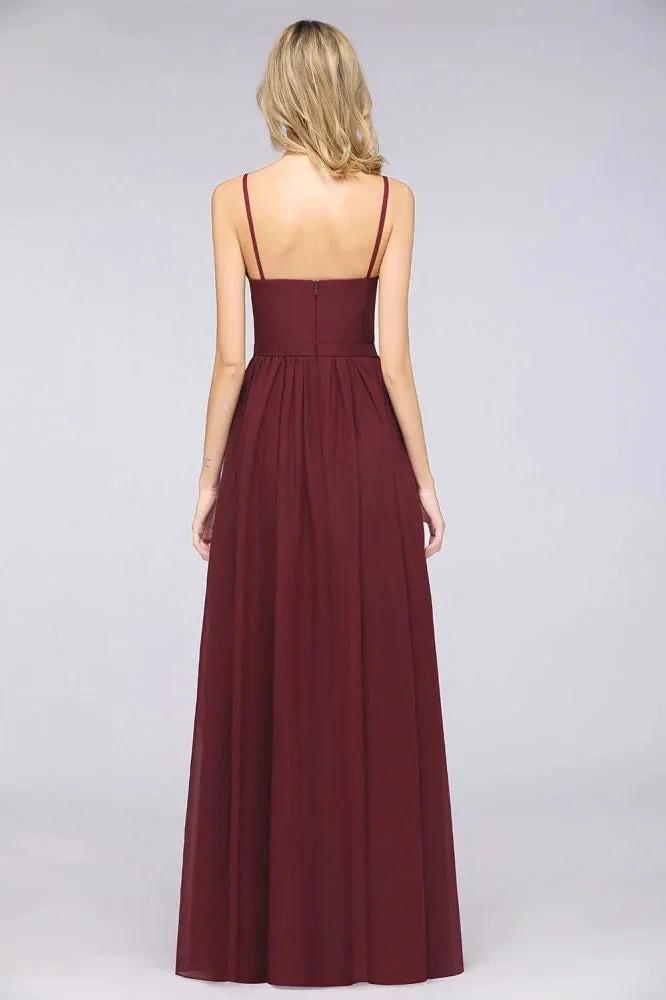Sexy Double Deep V-Neck Ruffles Sleeveless Bridesmaid Dress Chiffon Side Split Evening Party Dress by misshow.com