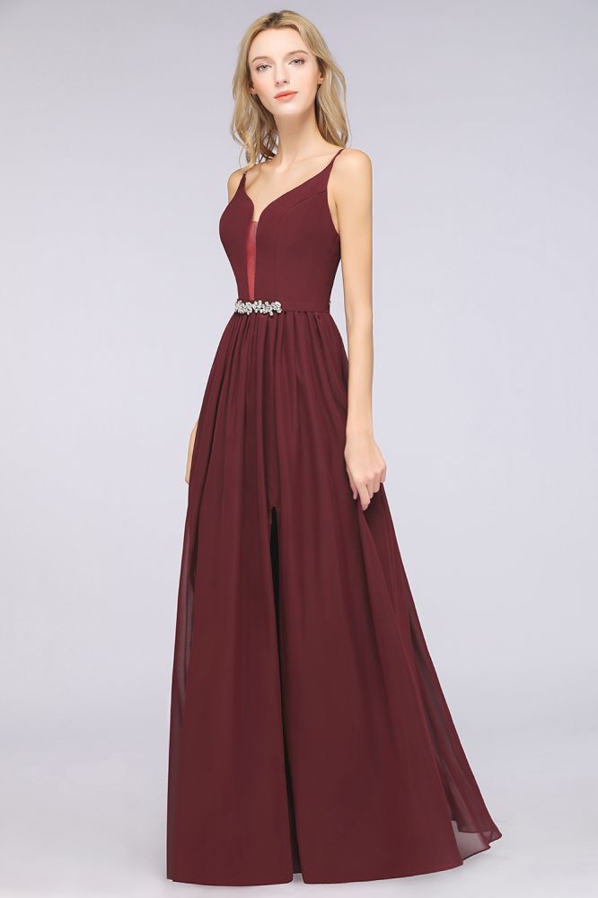Sexy Double Deep V-Neck Ruffles Sleeveless Bridesmaid Dress Chiffon Side Split Evening Party Dress