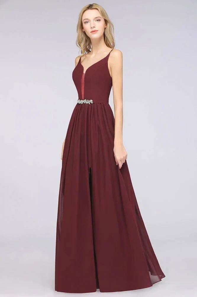 Sexy Double Deep V-Neck Ruffles Sleeveless Bridesmaid Dress Chiffon Side Split Evening Party Dress by misshow.com