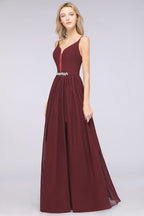 Sexy Double Deep V-Neck Ruffles Sleeveless Bridesmaid Dress Chiffon Side Split Evening Party Dress