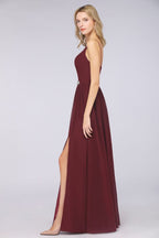 Sexy Double Deep V-Neck Ruffles Sleeveless Bridesmaid Dress Chiffon Side Split Evening Party Dress